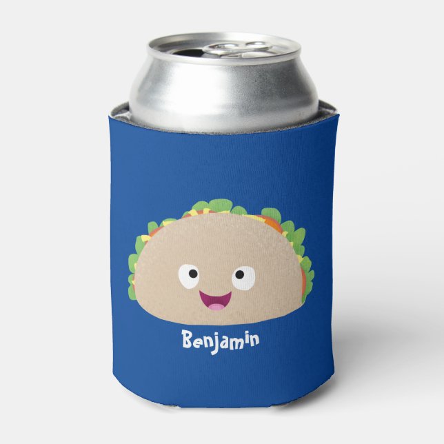 Cute happy smiling taco cartoon illustration can cooler (Can Front)