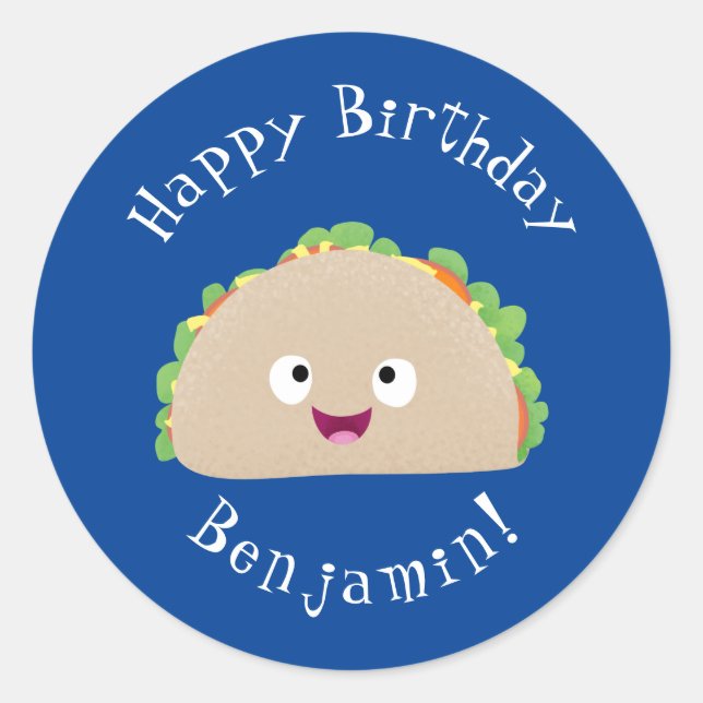 Cute happy smiling taco cartoon illustration classic round sticker (Front)