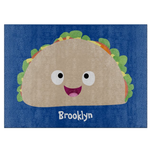 Cute happy smiling taco cartoon illustration cutting board (Front)
