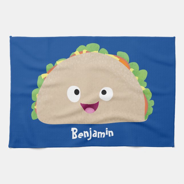 Cute happy smiling taco cartoon illustration kitchen towel (Horizontal)