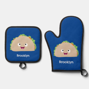 Cute happy smiling taco cartoon illustration oven mitt & pot holder set