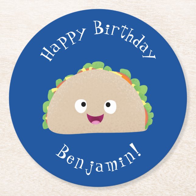 Cute happy smiling taco cartoon illustration round paper coaster (Front)