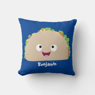 Cute happy smiling taco cartoon illustration  throw pillow