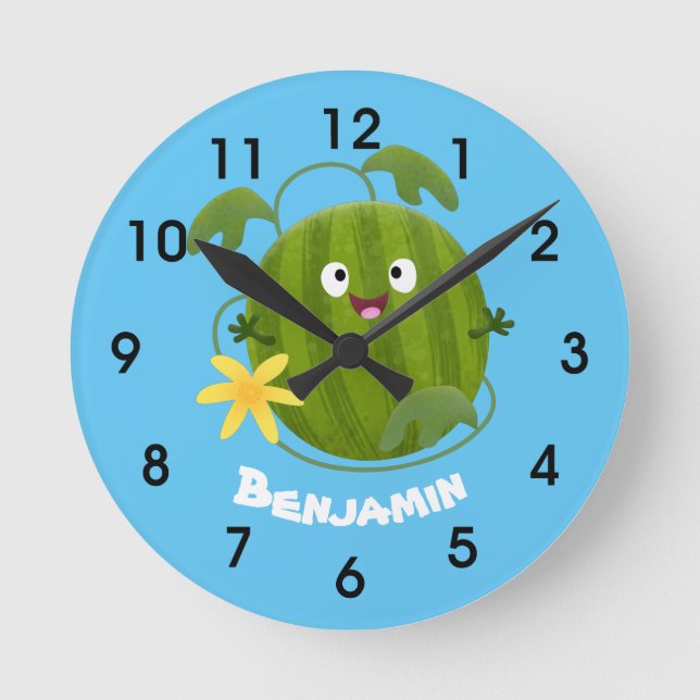 Cute happy smiling watermelon cartoon  round clock (Front)