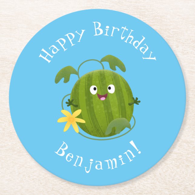 Cute happy smiling watermelon cartoon round paper coaster (Front)