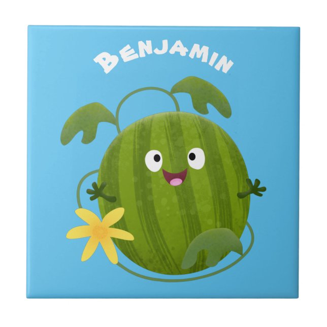 Cute happy smiling watermelon cartoon tile (Front)