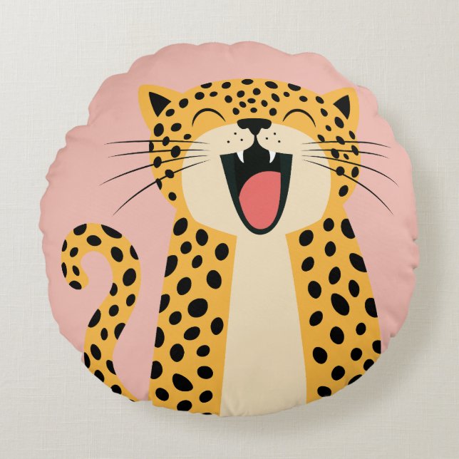 Cute Happy Smiling Wild Leopard Cartoon   Round Pillow (Front)