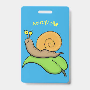 Cute, happy snail on a leaf cartoon illustration badge