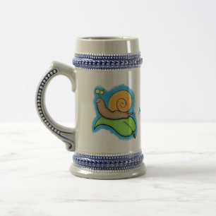 Cute, happy snail on a leaf cartoon illustration beer stein