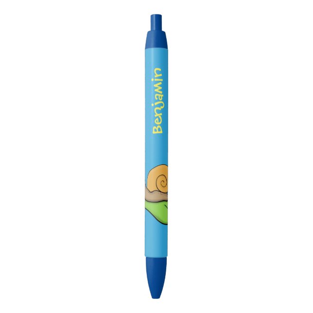 Cute, happy snail on a leaf cartoon illustration black ink pen (Front Vertical)