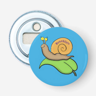 Cute, happy snail on a leaf cartoon illustration bottle opener