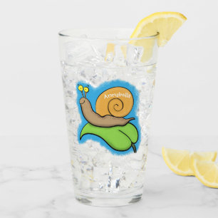 Cute, happy snail on a leaf cartoon illustration glass