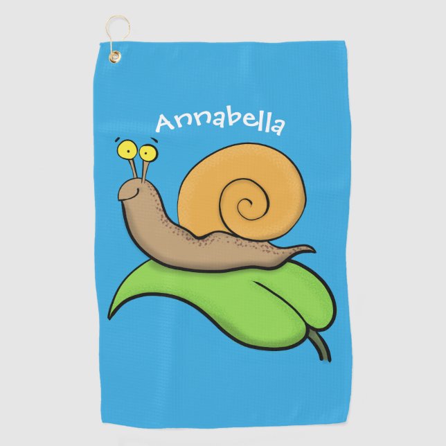 Cute, happy snail on a leaf cartoon illustration  golf towel (Front)