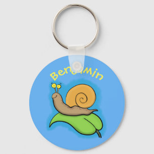 Cute, happy snail on a leaf cartoon illustration keychain