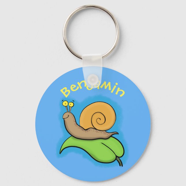 Cute, happy snail on a leaf cartoon illustration keychain (Front)