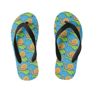 Cute, happy snail on a leaf cartoon illustration kid's flip flops