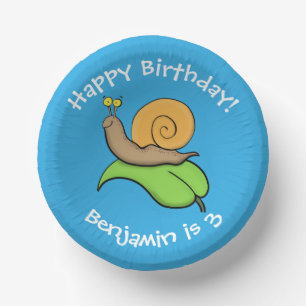 Cute, happy snail on a leaf cartoon illustration paper plate