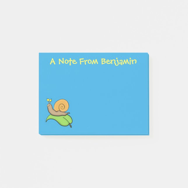 Cute, happy snail on a leaf cartoon illustration post-it notes (Front)