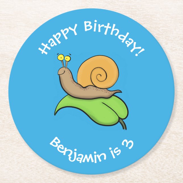 Cute, happy snail on a leaf cartoon illustration round paper coaster (Front)