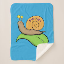 Cute, happy snail on a leaf cartoon illustration
