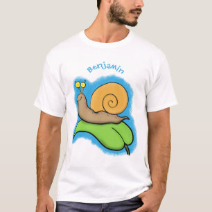 Cute, happy snail on a leaf cartoon illustration T-Shirt