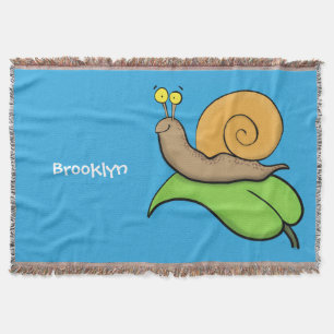 Cute, happy snail on a leaf cartoon illustration throw blanket
