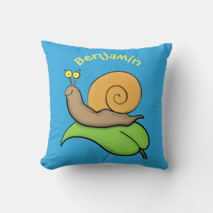 Cute, happy snail on a leaf cartoon illustration throw pillow