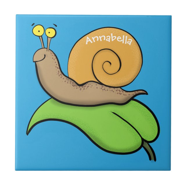 Cute, happy snail on a leaf cartoon illustration tile (Front)