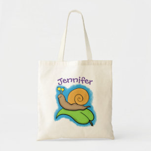 Cute, happy snail on a leaf cartoon illustration tote bag