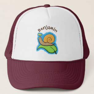Cute, happy snail on a leaf cartoon illustration trucker hat