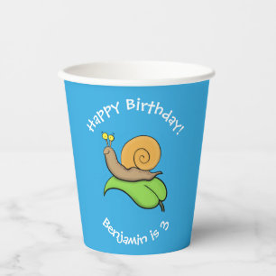 Cute, happy snail personalized cartoon birthday paper cups