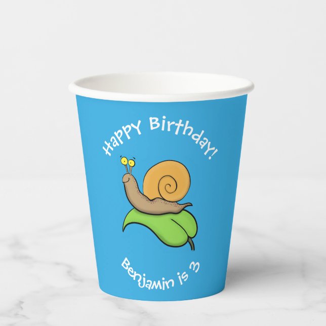 Cute, happy snail personalized cartoon birthday paper cups (Front)