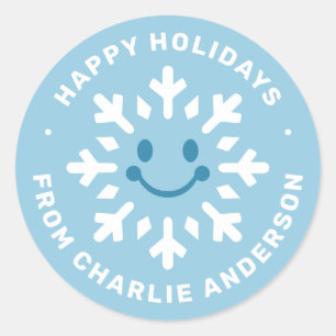 Cute happy snowflake Happy Holidays blue winter Classic Round Sticker