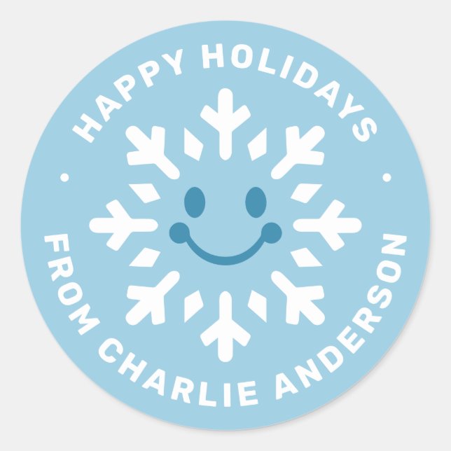 Cute happy snowflake Happy Holidays blue winter Classic Round Sticker (Front)