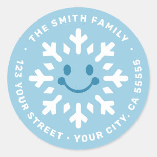 Cute happy snowflake light blue return address classic round sticker