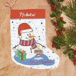 Cute Happy Snowman Northpole Small Christmas Stocking<br><div class="desc">Personalized Snowman Christmas Stocking Add a touch of holiday happiness with this charming snowman Christmas stocking! Set against a snowy winter background, this stocking features a cheerful snowman with gifts and a festive "Merry Christmas" greeting. Easily customize the name at the top for a one-of-a-kind holiday keepsake that will delight...</div>