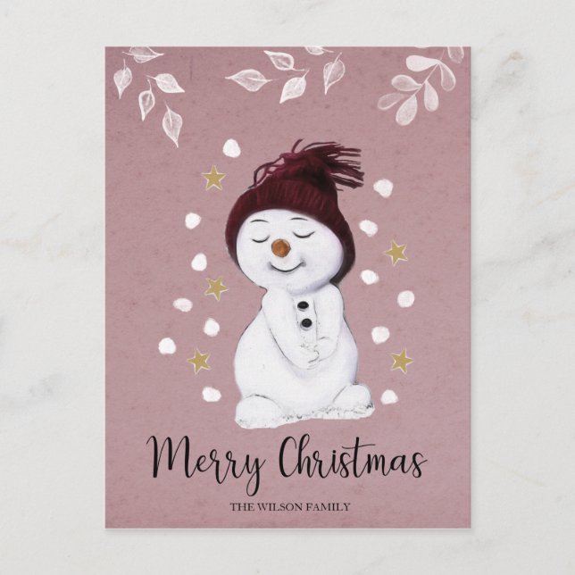 Cute Happy Snowman Pink Christmas Holiday (Front)