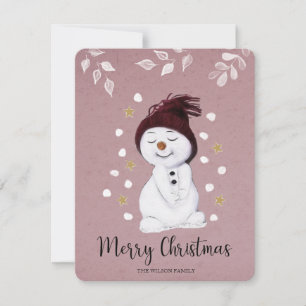 Cute Happy Snowman Pink Christmas Holiday Card