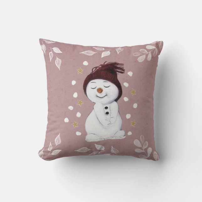 Cute Happy Snowman Pink Christmas Holiday Throw Pillow (Front)