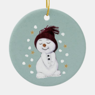 Cute Happy Snowman Winter Blue Christmas Ceramic Ornament