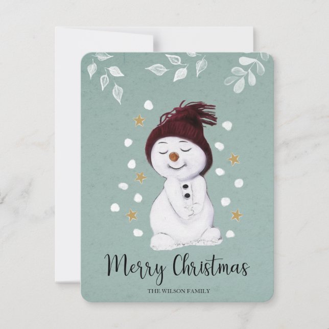 Cute Happy Snowman Winter Blue Christmas Holiday Card (Front)