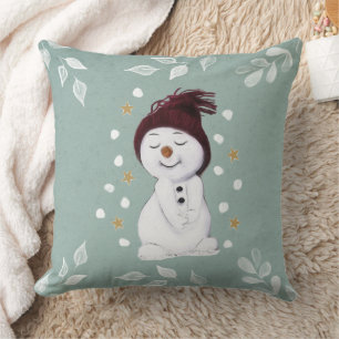 Cute Happy Snowman Winter Blue Christmas Throw Pillow