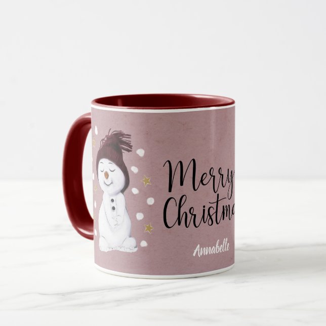 Cute Happy Snowmen Pink Christmas Holiday Mug (Front Left)