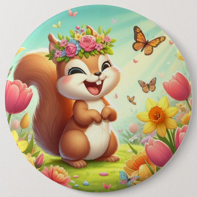 Cute, happy springtime squirrel  6 inch round button (Front)