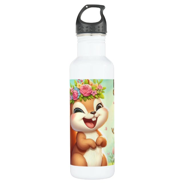 Cute, happy springtime squirrel  710 ml water bottle (Front)