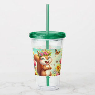 Cute, happy springtime squirrel acrylic tumbler
