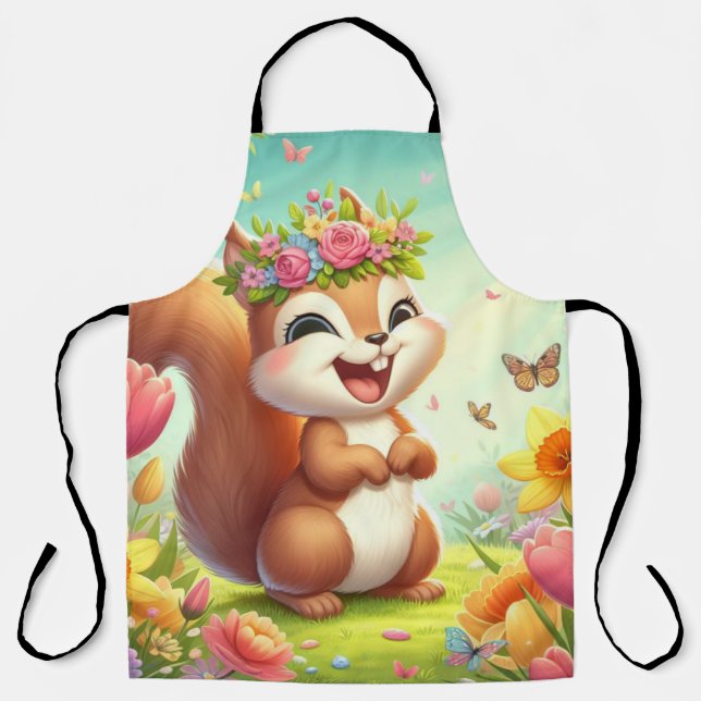 Cute, happy springtime squirrel  apron (Front)