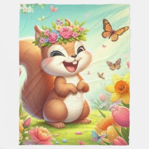 Cute, happy springtime squirrel fleece blanket
