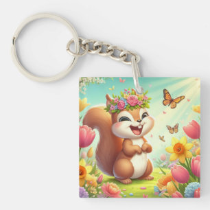 Cute, happy springtime squirrel  keychain