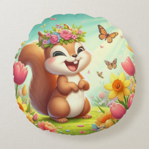 Cute, happy springtime squirrel round pillow